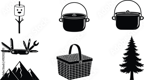 Black camping and outdoor icon set with marshmallow stick cooking pots multitool picnic basket mountains and pine tree silhouettes isolated on white