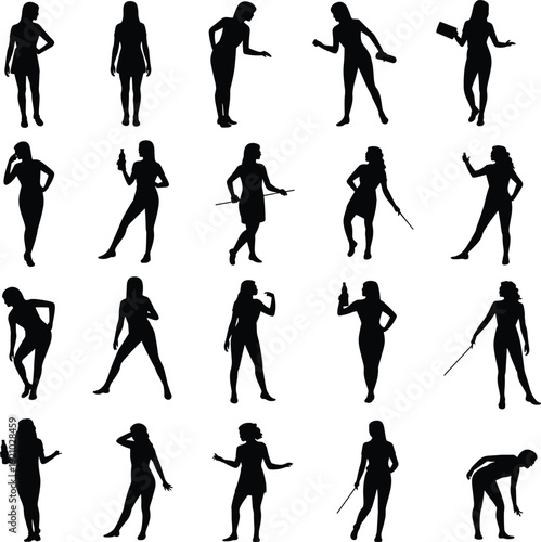 Businesswoman silhouettes collection, confident professional women poses with phone and briefcase, elegant female figures isolated black vector set