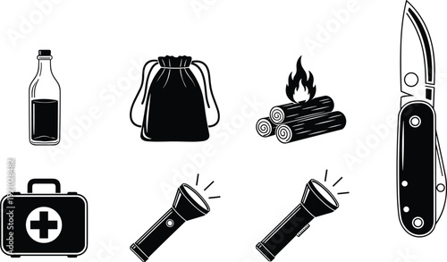 Black camping survival icon set with water bottle drawstring bag campfire logs pocket knife first aid kit and flashlights vector isolated
