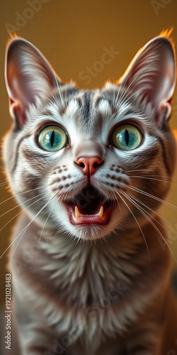 Emerald eyes wide, a lilac British Shorthair's astonishment peaks in a silent, open-mouthed gasp,  white backdrop,  open mouth