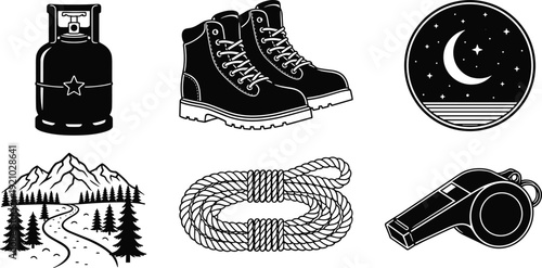 Black outdoor adventure icon set including camping gas cylinder boots night badge mountain landscape rope and whistle vector silhouettes isolated on white background
