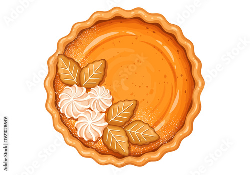 An Enchanting Autumnal Masterpiece Featuring a Spiced Pumpkin Tart Adorned with Handcrafted Pastry Leaves and Delicate Swirls of Velvety Whipped Cream