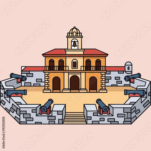 Old historical fort fortification with defensive stone walls and cannons surrounding central colonial building vector