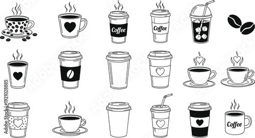 Black coffee cup and takeaway mug icon set with hot drinks beans and iced beverages vector collection isolated on white background