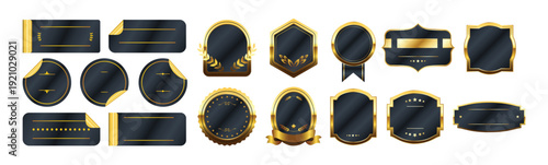 Elegant golden labels. Premium quality stickers and badges for product and business promotion.