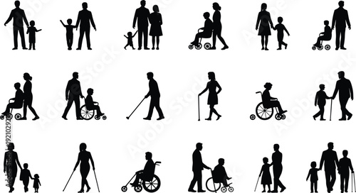 Family care silhouettes with children elderly wheelchair walking support collection, healthcare assistance people illustration concept pack