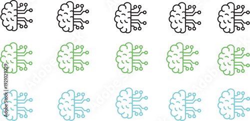 Artificial intelligence digital brain icon set. Line art illustration of human brain and circuit board nodes representing machine learning, cognitive computing, and cybernetic mind connectivity vector