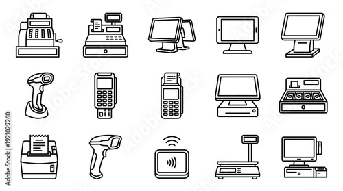 POS Retail Equipment Vector Illustration Cash Registers Barcode Scanners Receipt Printers Card Readers Touchscreen Terminals Line Icons Graphic Vector Design for Business Sales Branding