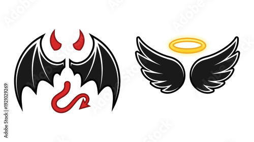 Angel Devil Vector Illustration Good Evil Contrast Wings Halo Horns Tail Symbolic Graphic Design Duality Concept Spiritual Morality Vector Artwork for Cultural Branding