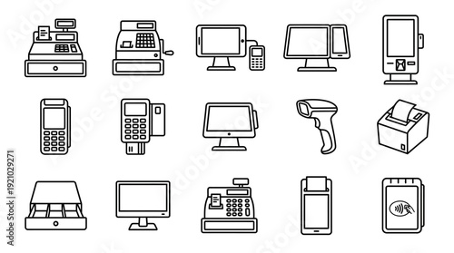 POS Retail Equipment Vector Illustration Cash Registers Barcode Scanners Receipt Printers Card Readers Touchscreen Terminals Line Icons Graphic Vector Design for Business Sales Branding