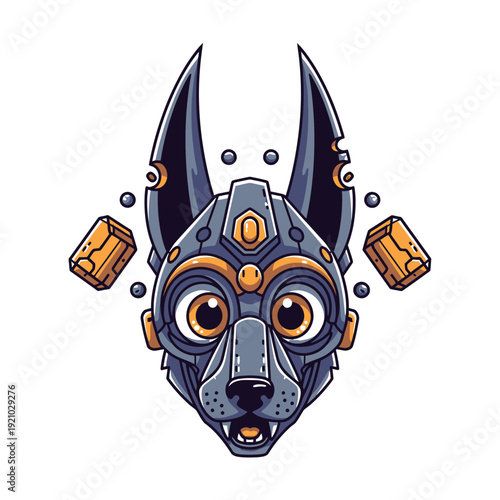 Cute Robotic Dog Head Mascot Illustration. Futuristic Cyber Pet Character Design with Mechanical Details & Gold Accents.