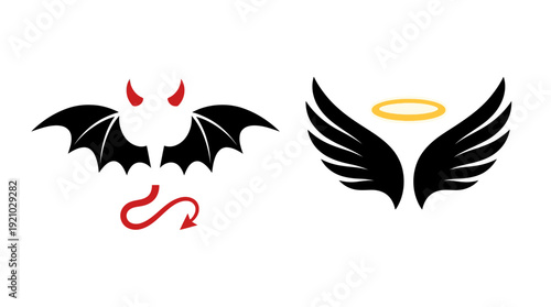 Angel Devil Vector Illustration Good Evil Contrast Wings Halo Horns Tail Symbolic Graphic Design Duality Concept Spiritual Morality Vector Artwork for Cultural Branding