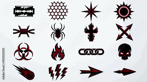 Danger Power Vector Symbols Illustration Razor Blade Skull Biohazard Flame Lightning Barbed Wire Chain Spider Starburst Graphic Vector Design for Edgy Branding