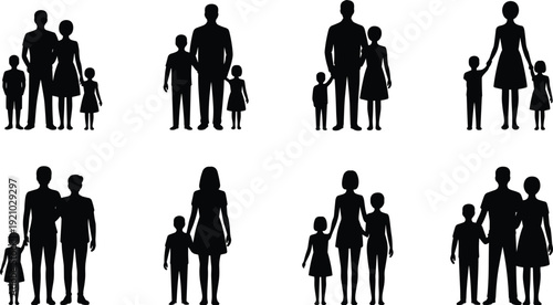 Family silhouettes collection with parents and children standing together, happy family people set, lifestyle illustration concept pack
