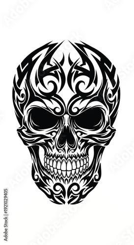 Intricate tribal skull design with bold black and white motifs.