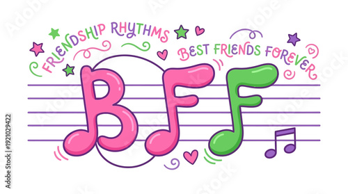 Friendship Music Vector Illustration BFF Best Friends Forever Colorful Notes Stars Hearts Playful Design Creative Graphic Vector Artwork for Friendship Rhythms Fun Branding