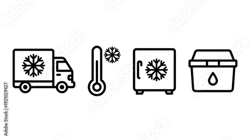 Cold Storage Vector Icons Refrigerated Transport Thermometer Snowflake Freezer Box Container Liquid Temperature Control Logistics Perishable Goods Vector Illustration for Supply Chain Branding