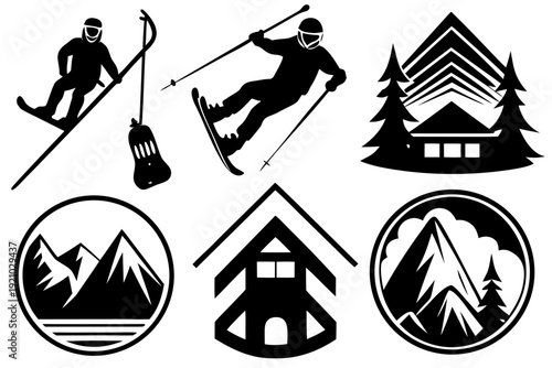 Skiing and snowboarding icons with mountain and forest elements skiing, snowboard, ski poles, ski goggles, ski helmet, snowboarder, skier, mountain, pine trees, forest, cable car, ski lift, winter spo