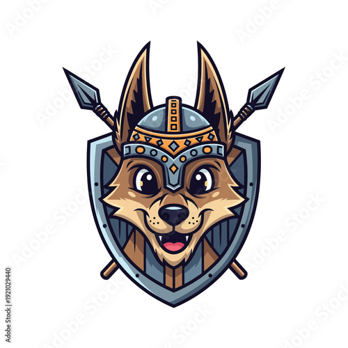 Happy Cartoon Wolf Viking Mascot with Shield and Spears – Cute Canine Warrior in Helmet Illustration
