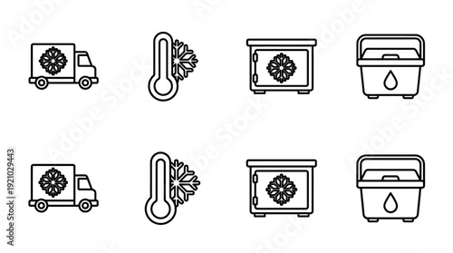 Cold Storage Vector Icons Refrigerated Transport Thermometer Snowflake Freezer Box Container Liquid Temperature Control Logistics Perishable Goods Vector Illustration for Supply Chain Branding