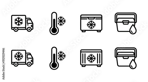 Cold Storage Vector Icons Refrigerated Transport Thermometer Snowflake Freezer Box Container Liquid Temperature Control Logistics Perishable Goods Vector Illustration for Supply Chain Branding