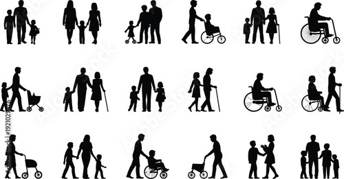 Family and disabled people silhouettes set, parents children elderly with wheelchair isolated black vector collection