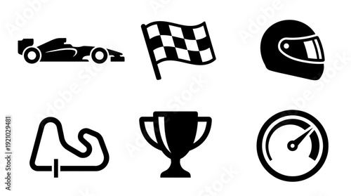 Auto Racing Vector Icons Formula Car Checkered Flag Helmet Racetrack Trophy Speedometer Motorsport Graphic Design Vector Illustration for Competition Speed Racing Branding