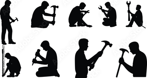 Handyman silhouettes collection, carpenter and repair worker with hammer and wrench tools, black isolated vector set on white
