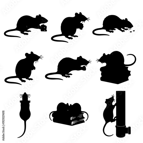 Black silhouettes of rats and mice in various poses, including eating, gnawing, climbing, and standing, on a white background.