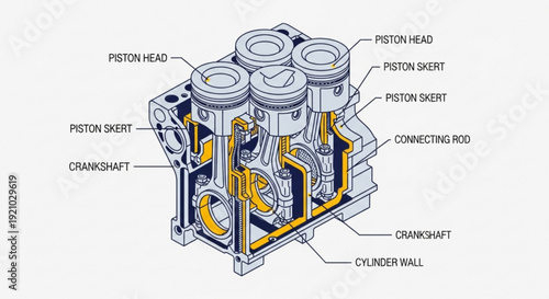 Detailed diagram of an internal combustion engine showing piston head crankshaft and cylinder wall