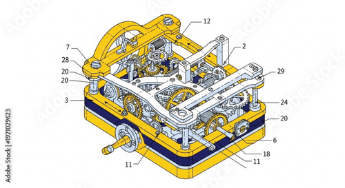 Detailed diagram of a mechanical device with labeled parts and yellow and blue components on a white background