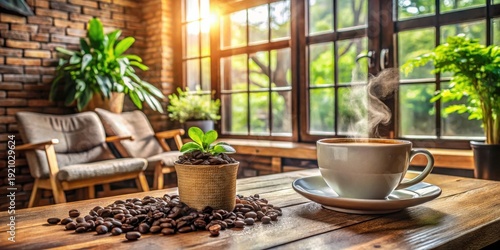 Aromatic Coffee Steam Rising from a Warm Mug on a Rustic Wooden Table, Near a Window Bathed in Sunlight, with Coffee Beans and Potted Plants Adding to the Cozy Atmosphere