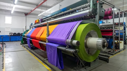 Factory scene of large textile machinery with colorful rolls of fabric