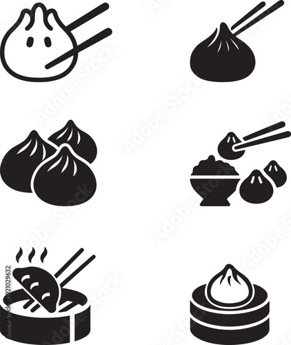 Dumpling and Dim Sum Icon Set Black Silhouette Chinese Gyoza and Baozi with Chopsticks Minimalist Asian Food Vector Symbol