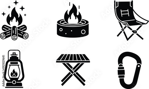 Camping equipment icon set including campfire, portable stove, folding chair, lantern, picnic table and carabiner, black silhouette vector isolated on white background design
