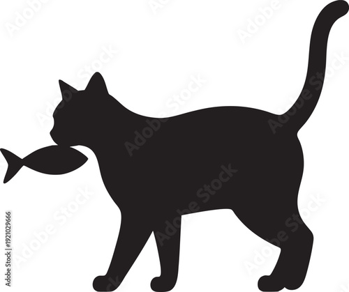 Black Cat Silhouette Walking and Carrying a Fish in Mouth on White Background