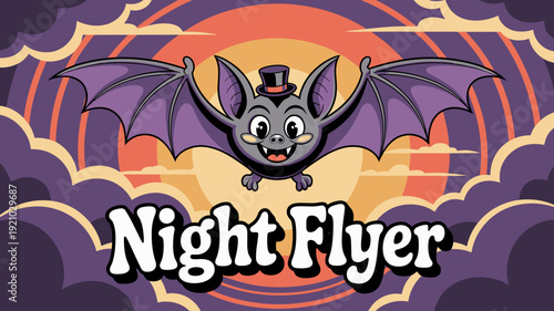 A cartoon bat wearing a top hat flies through the night sky with a vibrant purple and orange sunset in the background.