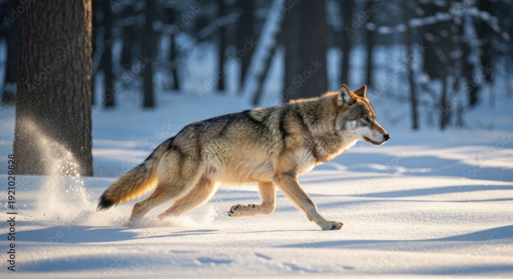 Fototapeta premium A wolf sprints across a snowy expanse, sunlit and surrounded by winter trees