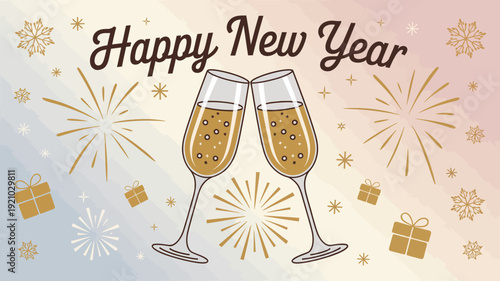 A festive illustration of champagne glasses and fireworks celebrating Happy New Year