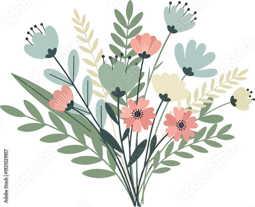 Hand-drawn wildflower bouquet in flat vector style isolated on white background