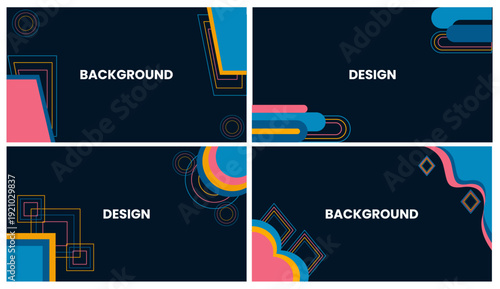 Set of four abstract geometric banners with navy blue backgrounds, vibrant pink and cyan shapes, and professional text layouts for modern marketing ads, creative business presentations