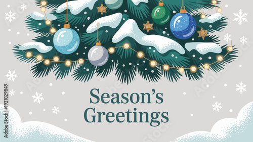 A festive Christmas tree with ornaments and lights on a snowy background with a Season's Greetings message