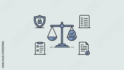 A graphic illustration of law and justice symbols including a scale, shield, and documents on a plain background.
