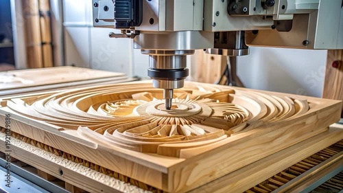 A CNC machine precisely carves an intricate floral design into a wooden panel