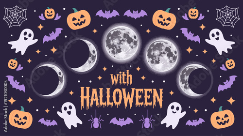 A festive Halloween illustration featuring moons, ghosts, pumpkins, and bats on a dark background