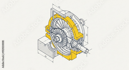 Detailed isometric drawing of industrial turbine machinery with yellow highlighted components and technical specifications