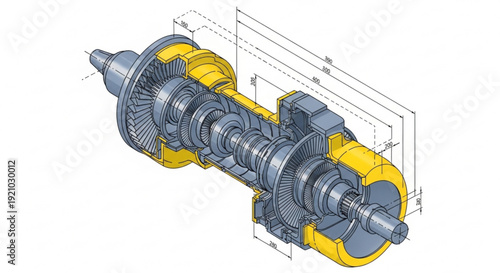 Detailed 3d rendering of a mechanical gearbox with yellow accents and technical drawings on a white background