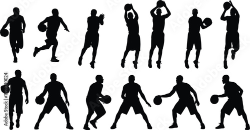 Set of Professional Basketball Player Silhouettes in Action, Athletes Dribbling Shooting and Jumping for Sports Competition Fitness and Teamwork Design,