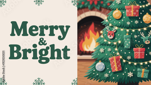 A festive Christmas tree stands in front of a warm fireplace with the words Merry and Bright displayed prominently