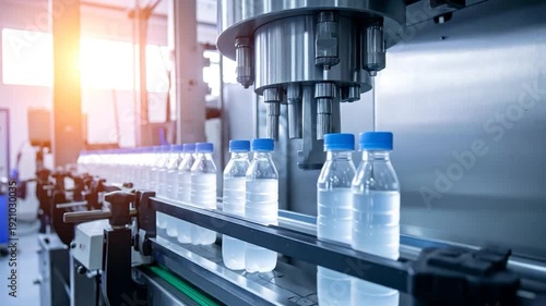 Bottled water filling on a production line. Machinery is shown filling